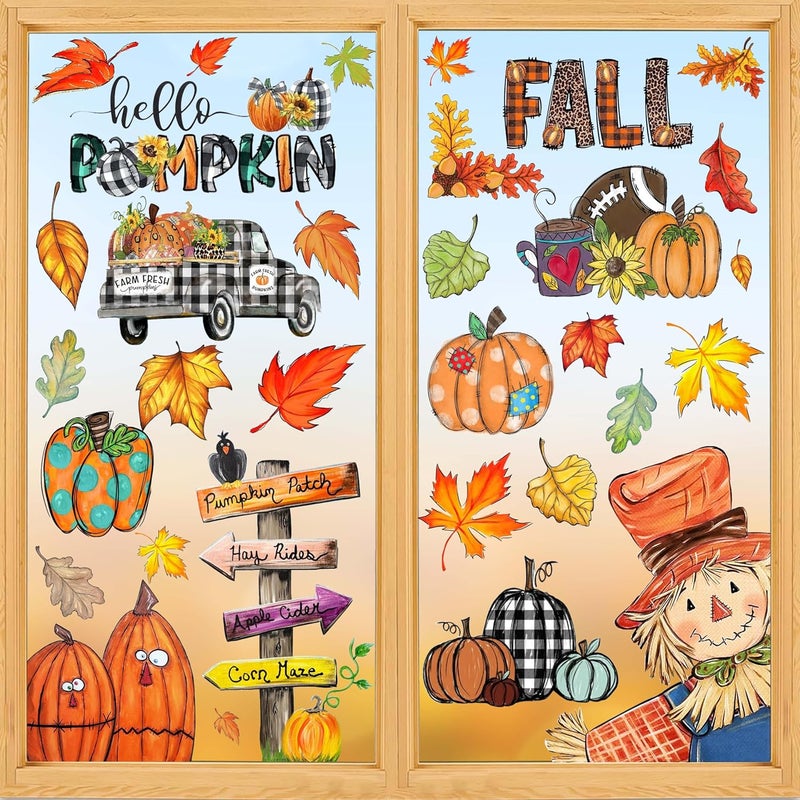 HRENCY Fall Window Clings Decorations for Glass Fall Watercolor Pumpkin Maple Leaves Scarecrow Truck Window Stickers for Autumn Thanksgiving Harvest Party Home Window Decals Decor - Image 1